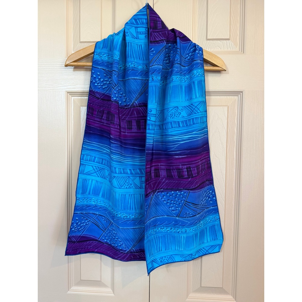 Vintage 90s Artsy Abstract Print Neck Scarf Cobalt Blue Purple Skinny Oblong